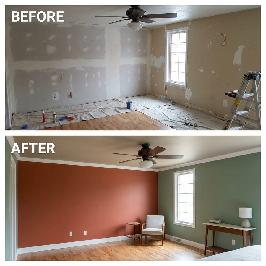 Before and after: bedroom walls repaired and painted in terracotta and sage