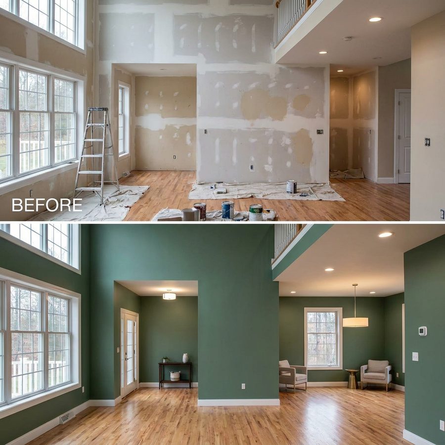 Before and after: two-story great room transformed from bare drywall to sage green painted walls