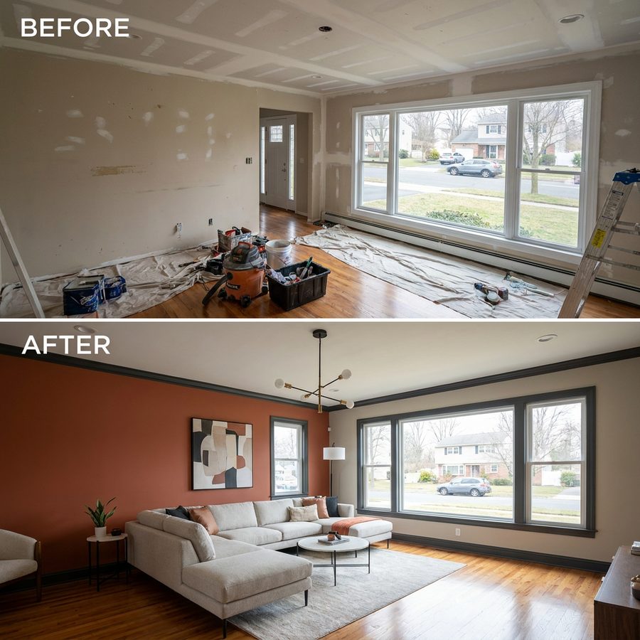 Before and after: living room taken from unfinished drywall to a finished space with a terracotta accent wall